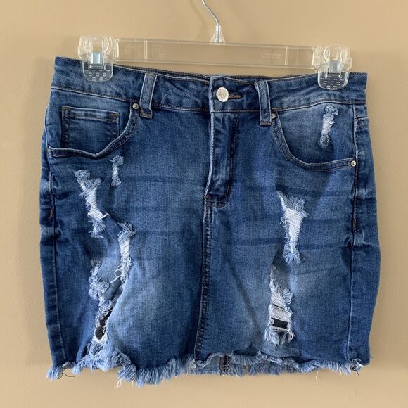 Wax Jean Los Angeles Women’s Blue Denim Distressed Mini Skirt Stretch Sz Medium - Picture 1 of 6